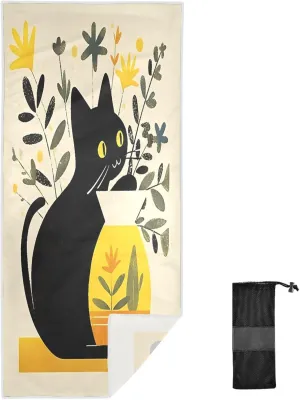 GAIGEO Yellow Shape Vase Black Cat Beach Towels Quick Dry, Fast Drying Long Beach Towel with Storage Bag, Women Men Beach Towel, Quick Dry Towels for Sports, Beach, 71"x31"