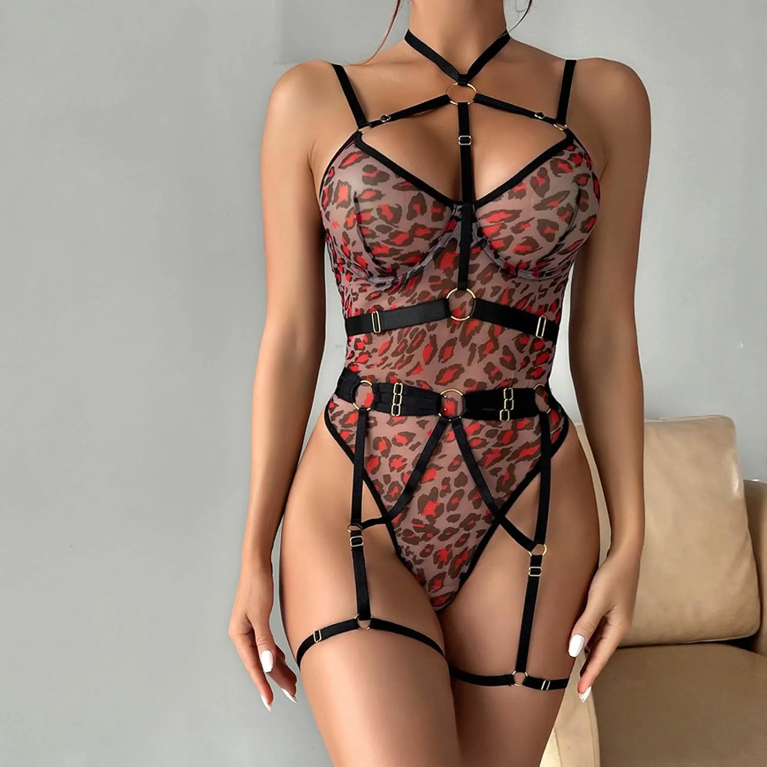 Garter High Heels Leopard Print See Through Mesh Strap Sexy Lingerie With Steel Ring Body Sculpting Jumpsuit
