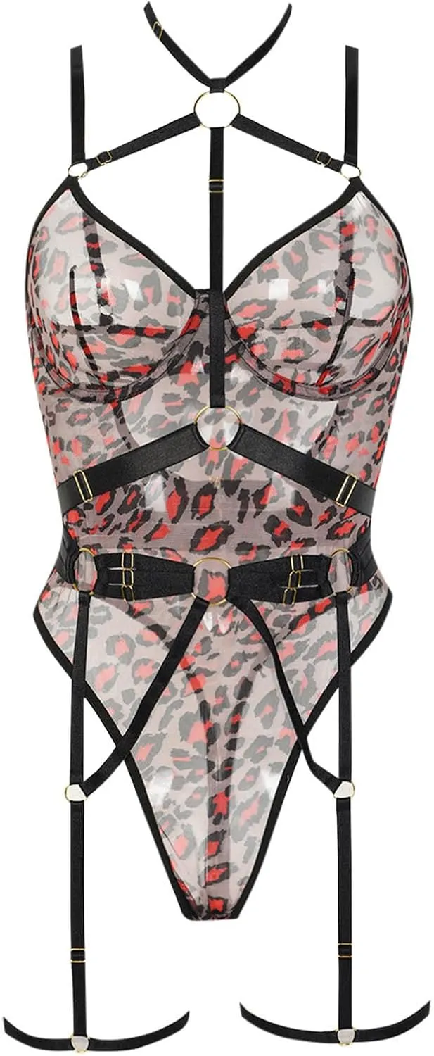 Garter High Heels Leopard Print See Through Mesh Strap Sexy Lingerie With Steel Ring Body Sculpting Jumpsuit