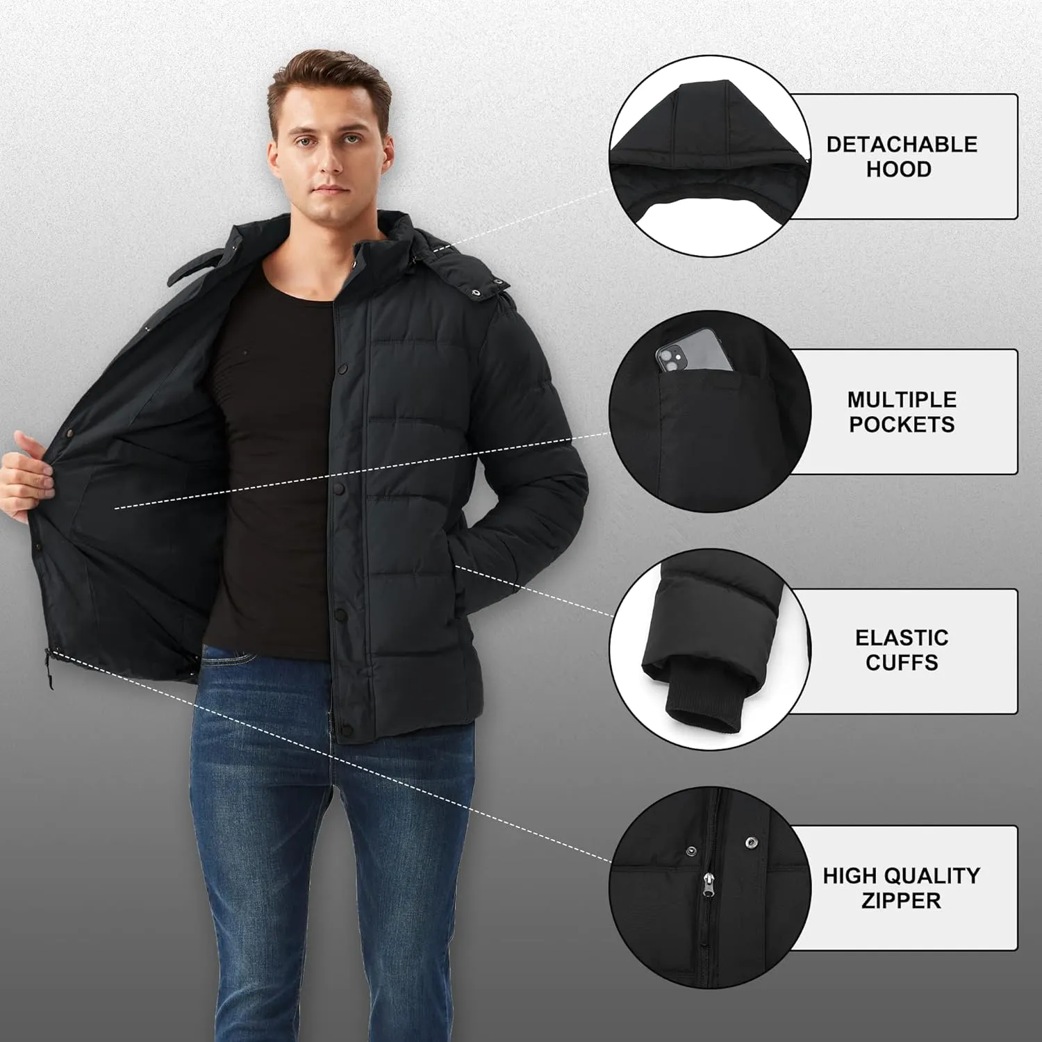 GGleaf Men's Hooded Winter Coat Warm Puffer Jacket Thicken Quilted Jacket