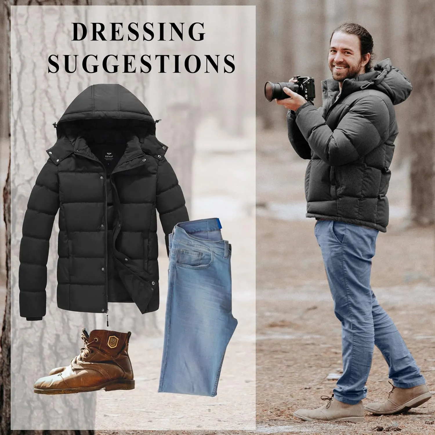 GGleaf Men's Hooded Winter Coat Warm Puffer Jacket Thicken Quilted Jacket