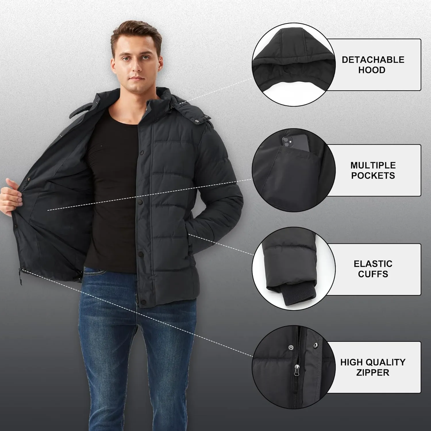 GGleaf Men's Hooded Winter Coat Warm Puffer Jacket Thicken Quilted Jacket