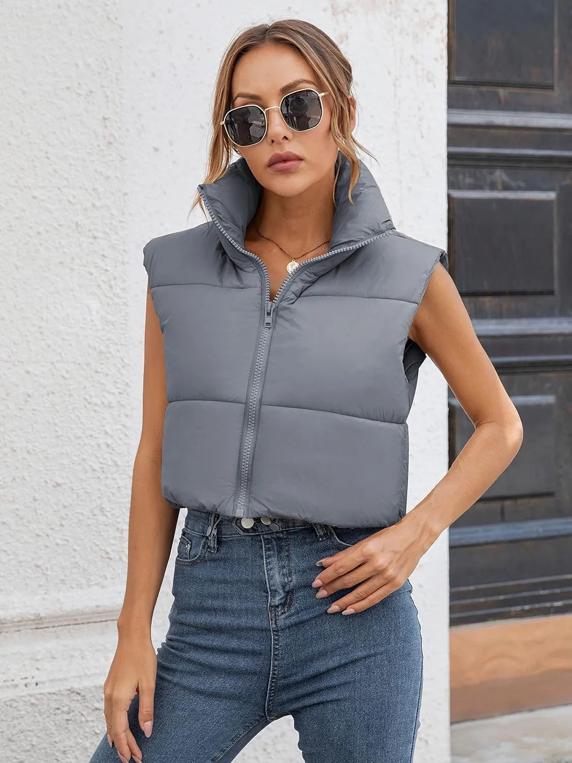 Gihuo Womens Cropped Puffer Vest Winter Crop Vest Lightweight Sleeveless Warm Outerwear Puffer Jacket Padded Gilet