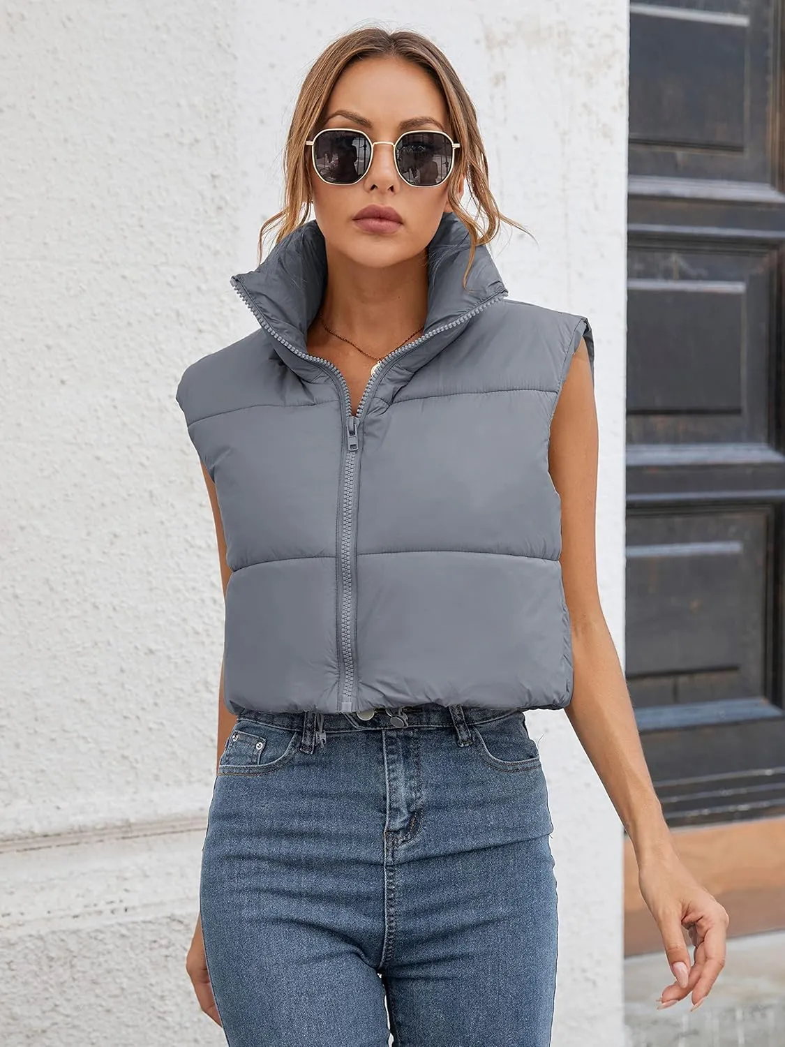 Gihuo Womens Cropped Puffer Vest Winter Crop Vest Lightweight Sleeveless Warm Outerwear Puffer Jacket Padded Gilet