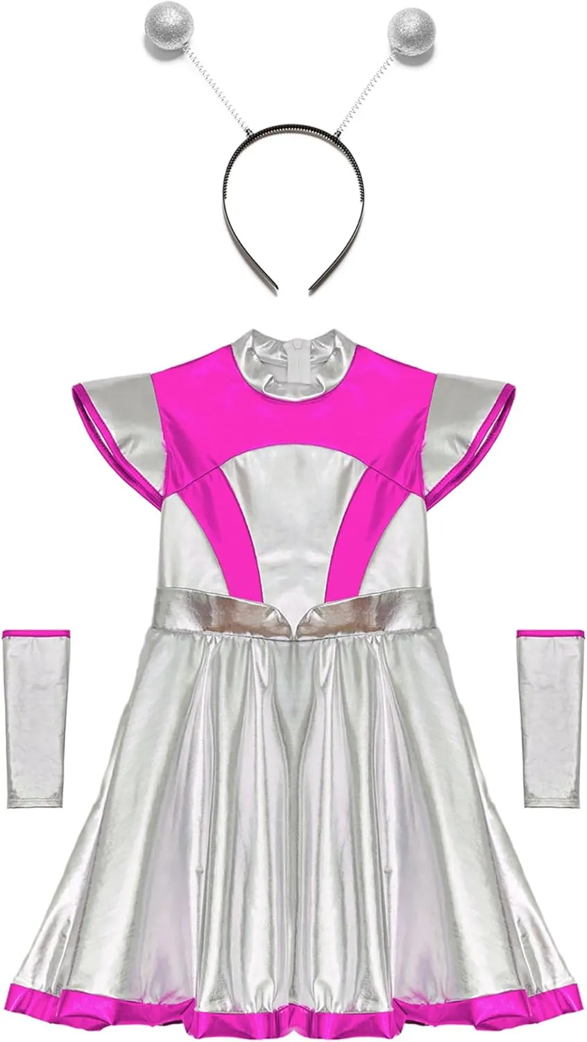 Girl Alien Costume Shiny Metallic Dress Outfit Outer Space Man Costume Halloween Cosplay Dress Up Outfit