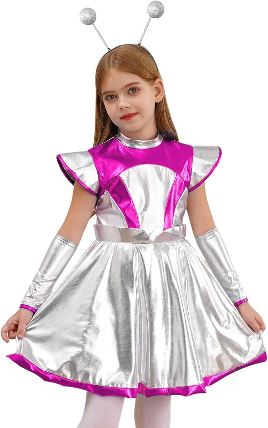 Girl Alien Costume Shiny Metallic Dress Outfit Outer Space Man Costume Halloween Cosplay Dress Up Outfit