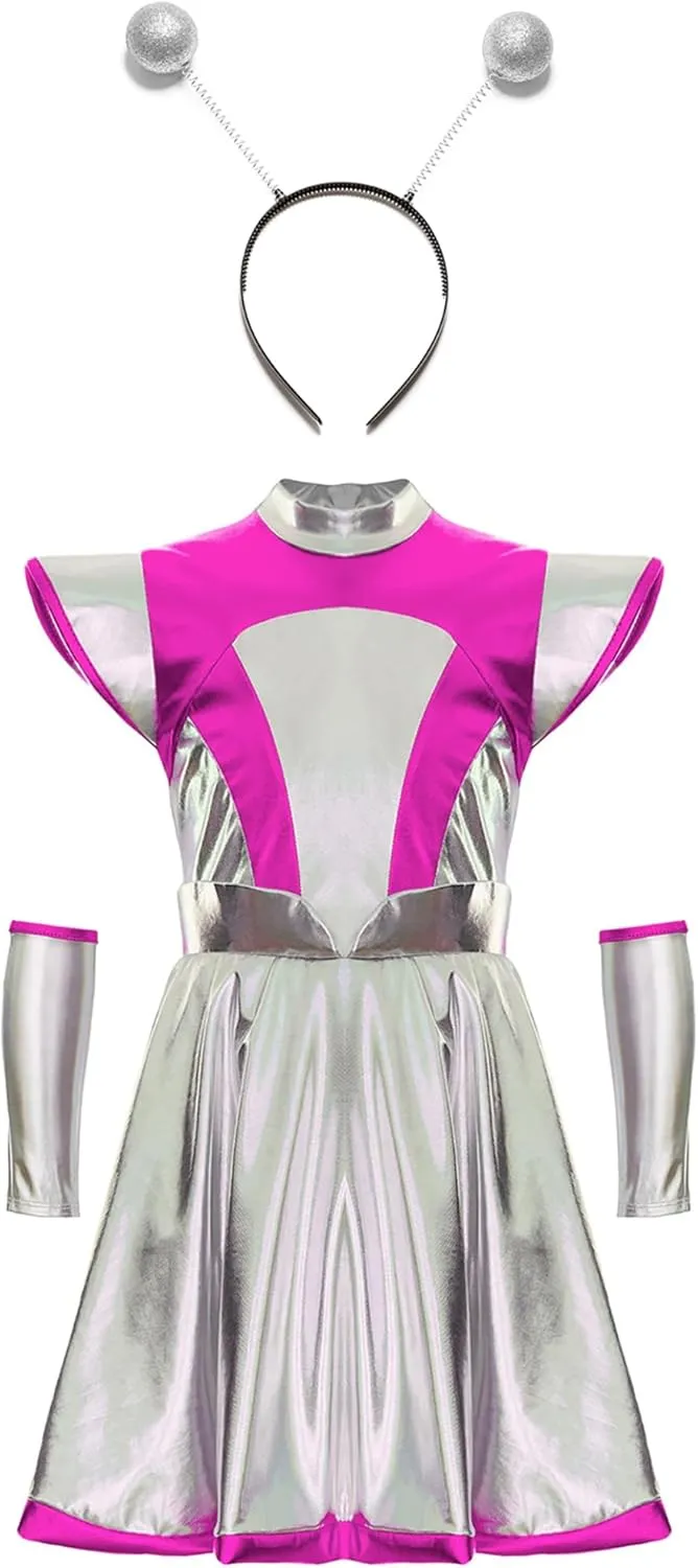 Girl Alien Costume Shiny Metallic Dress Outfit Outer Space Man Costume Halloween Cosplay Dress Up Outfit