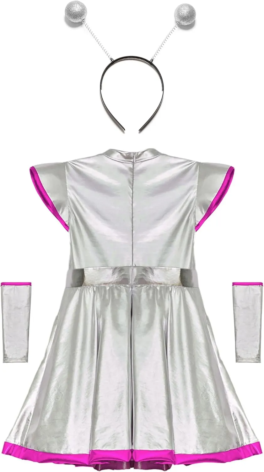 Girl Alien Costume Shiny Metallic Dress Outfit Outer Space Man Costume Halloween Cosplay Dress Up Outfit