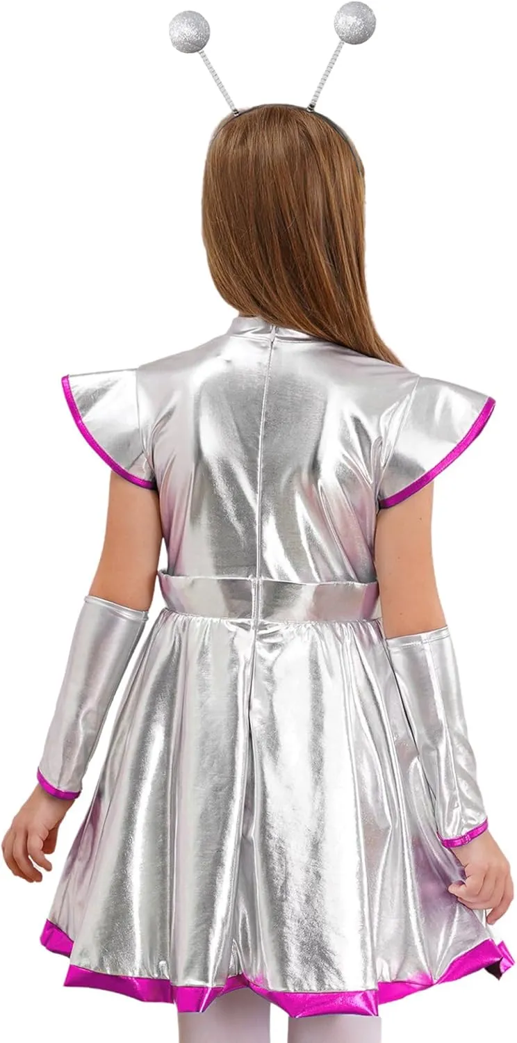 Girl Alien Costume Shiny Metallic Dress Outfit Outer Space Man Costume Halloween Cosplay Dress Up Outfit