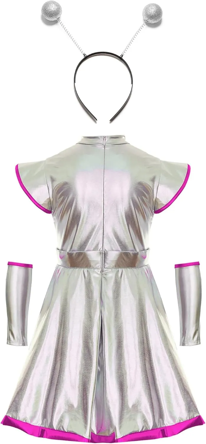 Girl Alien Costume Shiny Metallic Dress Outfit Outer Space Man Costume Halloween Cosplay Dress Up Outfit
