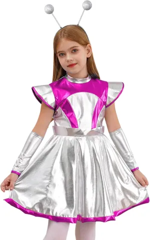 Girl Alien Costume Shiny Metallic Dress Outfit Outer Space Man Costume Halloween Cosplay Dress Up Outfit