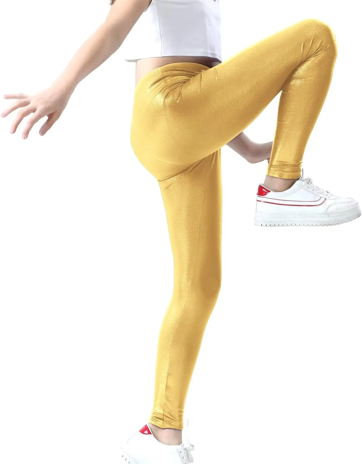 Girls Metallic Active Leggings Size 4-14 Years Shiny Sparkly Mystique Stretch Ankle Length for Kids Youth Teen