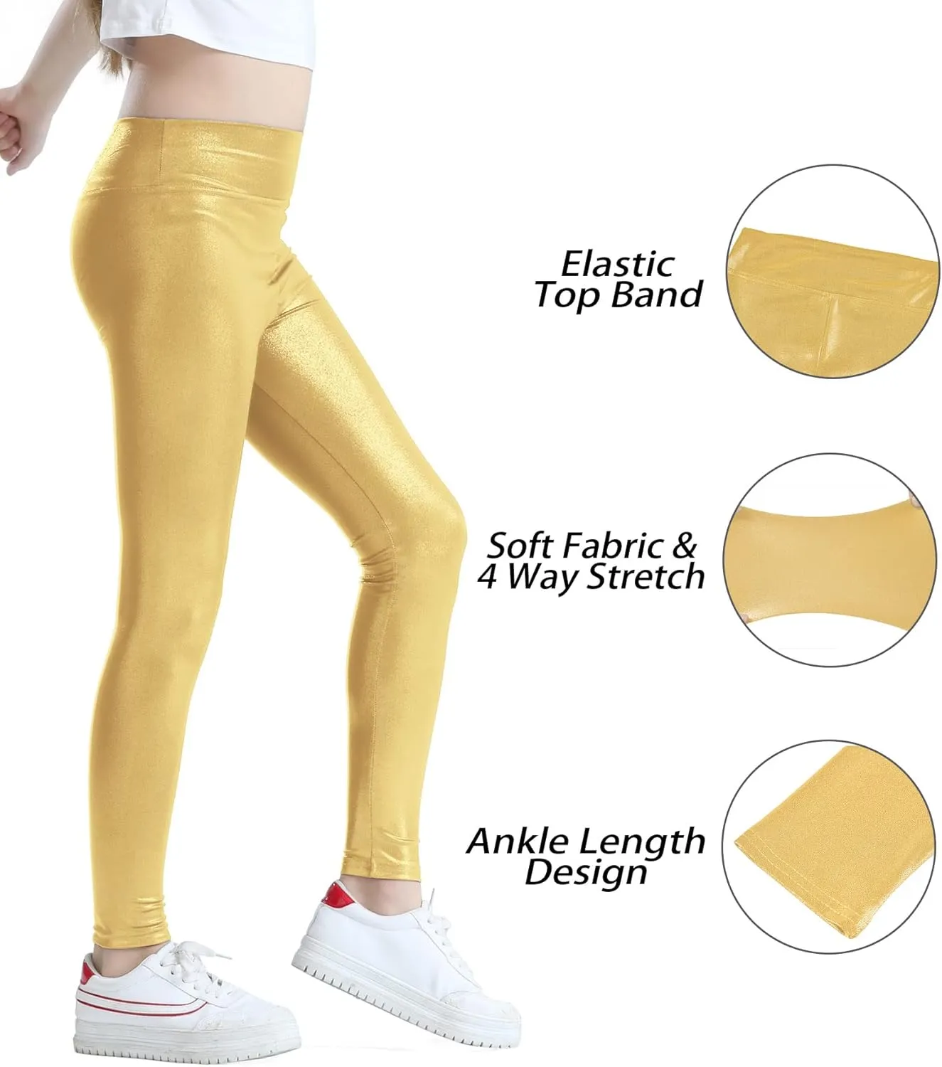 Girls Metallic Active Leggings Size 4-14 Years Shiny Sparkly Mystique Stretch Ankle Length for Kids Youth Teen