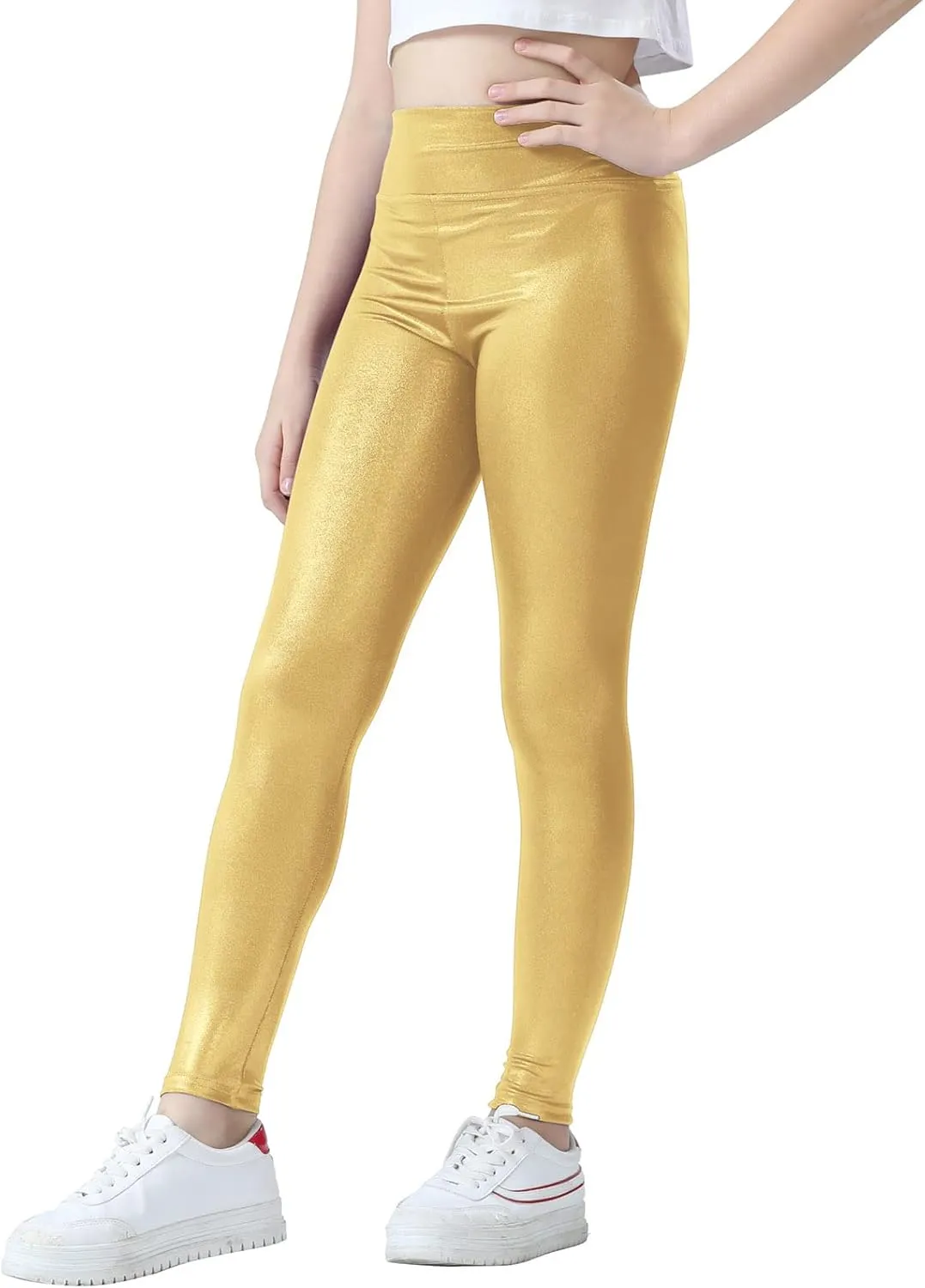 Girls Metallic Active Leggings Size 4-14 Years Shiny Sparkly Mystique Stretch Ankle Length for Kids Youth Teen