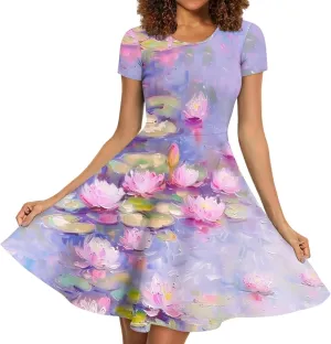 GLUDEAR Women's 3D Print Short Sleeve Unique Casual Flared Midi Dress