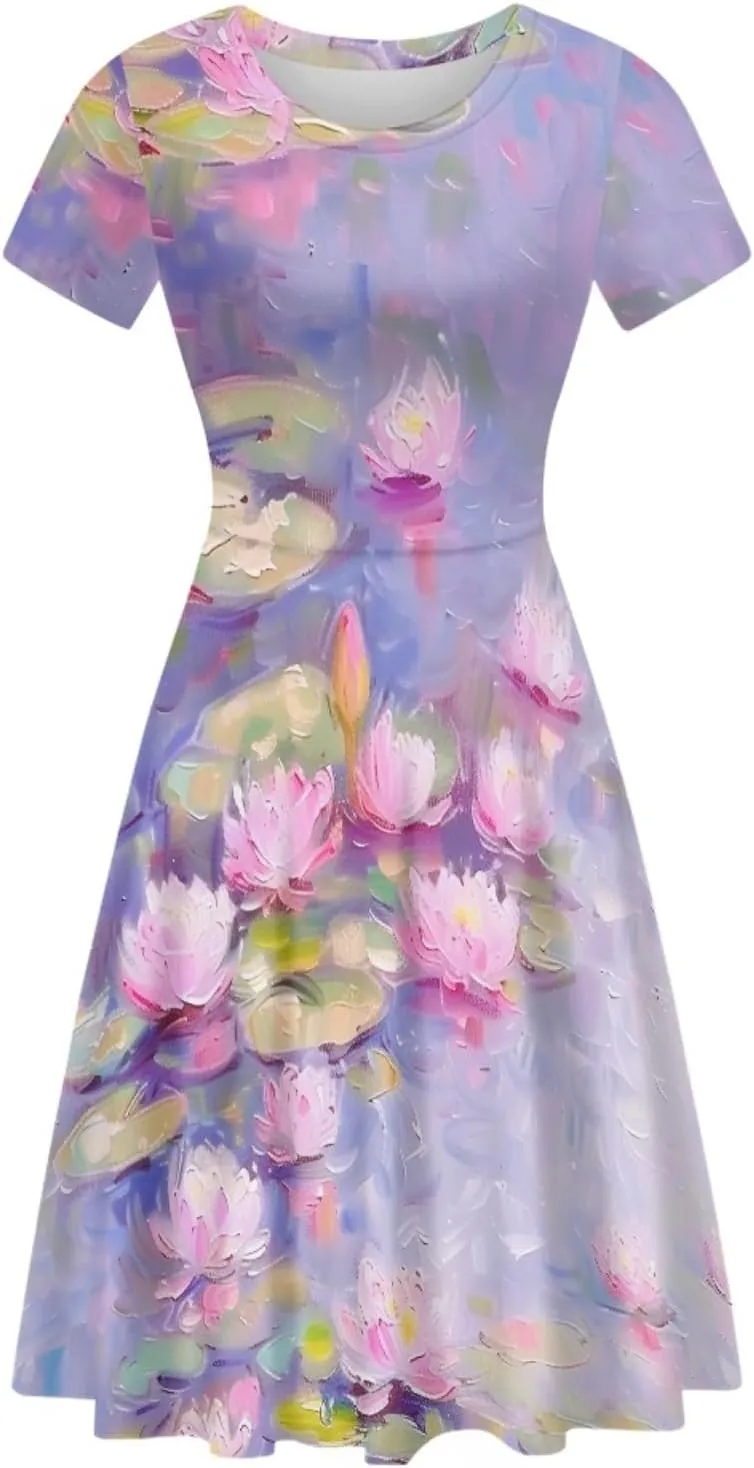 GLUDEAR Women's 3D Print Short Sleeve Unique Casual Flared Midi Dress