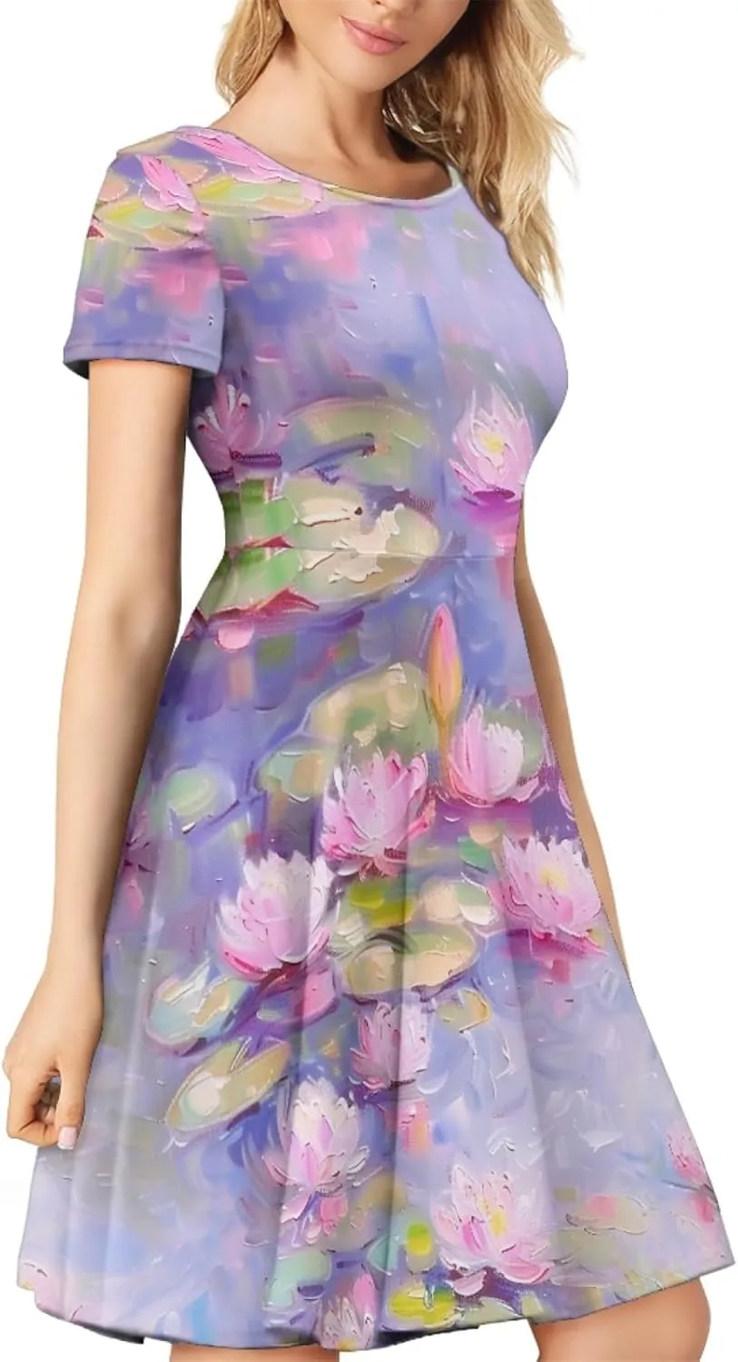GLUDEAR Women's 3D Print Short Sleeve Unique Casual Flared Midi Dress