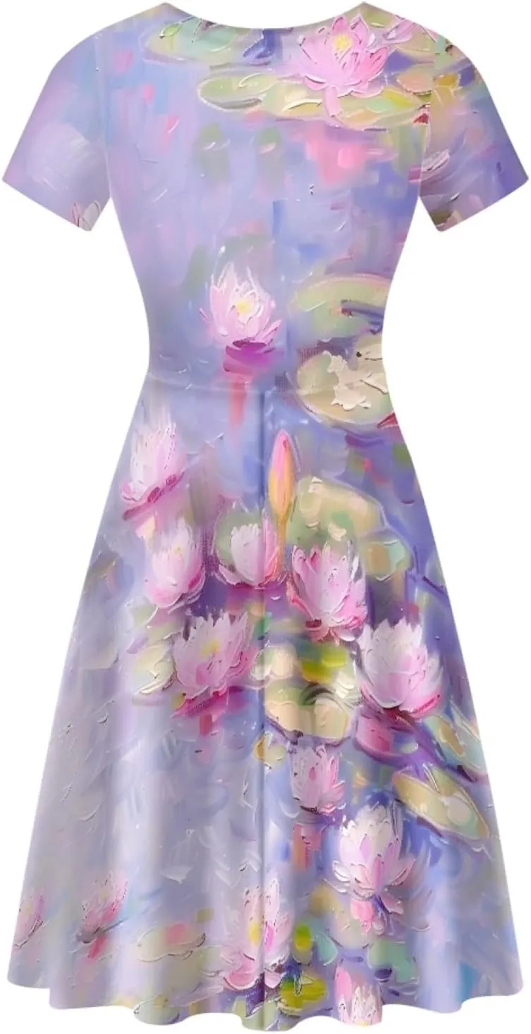 GLUDEAR Women's 3D Print Short Sleeve Unique Casual Flared Midi Dress
