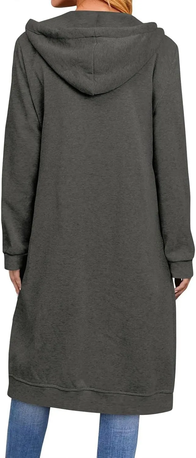 GOFULY Hooded For Women Full Zip Knee Length Tunic Sweatshirt Dresses Fleece Fall Jackets Long Sleeve Solid Clothes Pockets