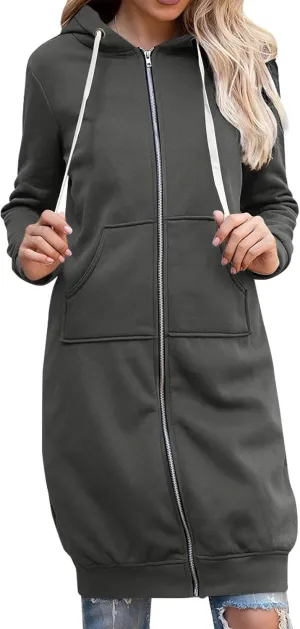 GOFULY Hooded For Women Full Zip Knee Length Tunic Sweatshirt Dresses Fleece Fall Jackets Long Sleeve Solid Clothes Pockets