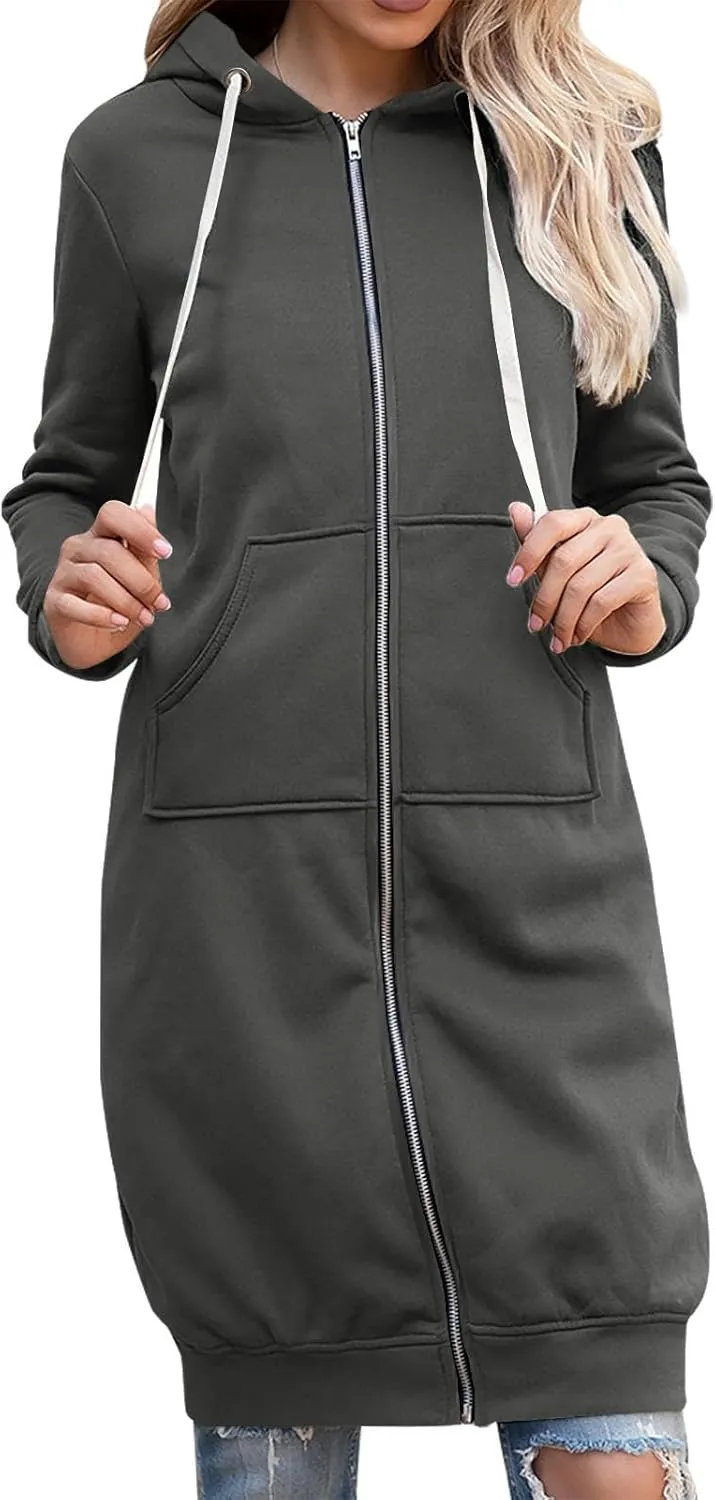 GOFULY Hooded For Women Full Zip Knee Length Tunic Sweatshirt Dresses Fleece Fall Jackets Long Sleeve Solid Clothes Pockets