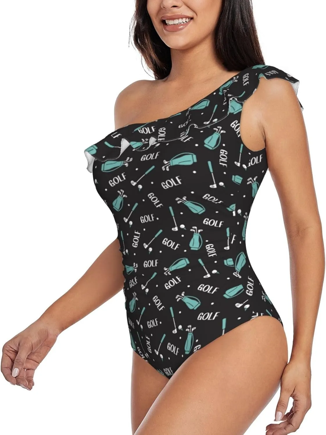 Golf Bags and Balls Print Women's One Piece Bathing Suit Asymmetric One Shoulder Swimsuits Ruffled Slimming Swimwear