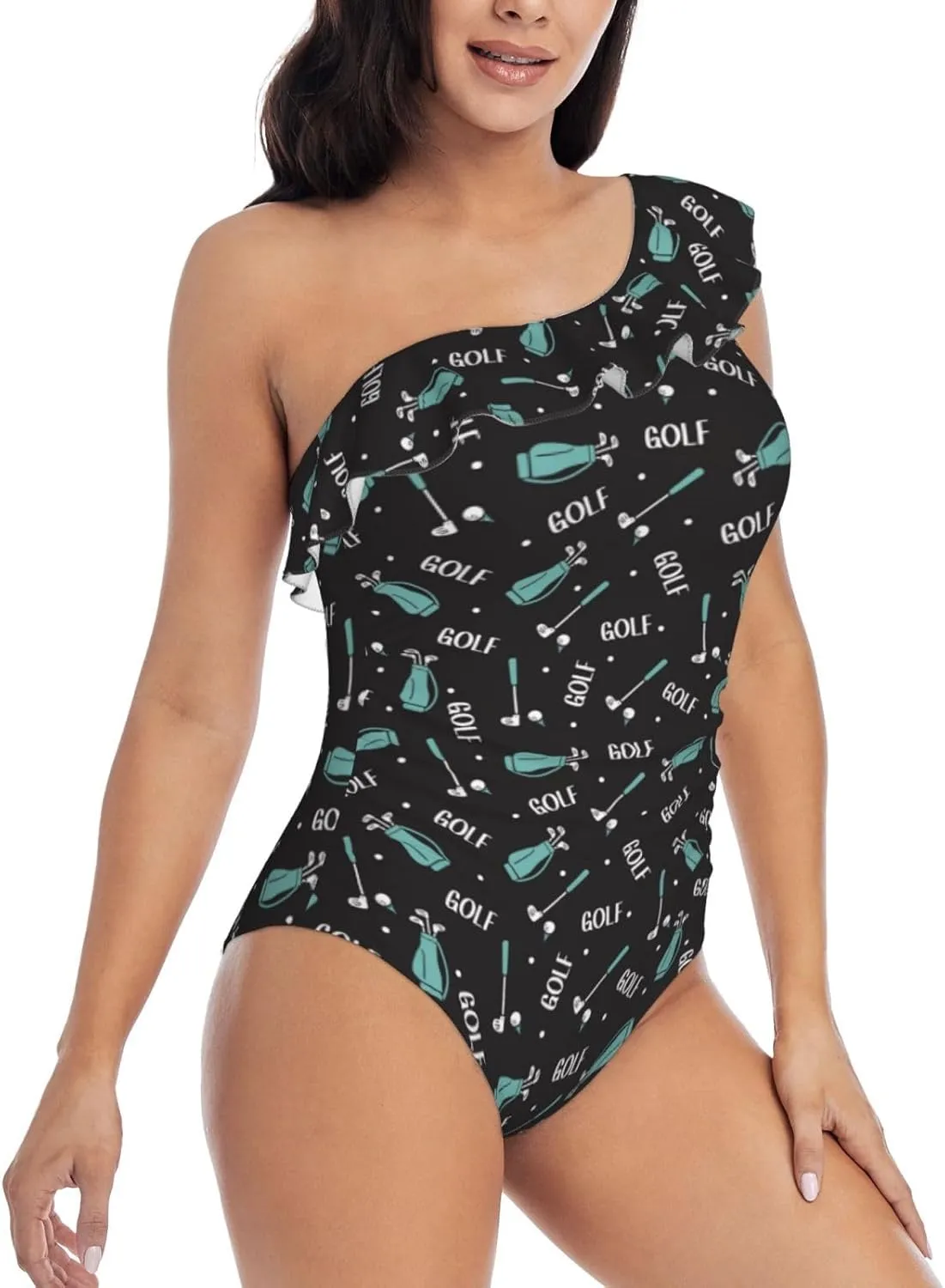 Golf Bags and Balls Print Women's One Piece Bathing Suit Asymmetric One Shoulder Swimsuits Ruffled Slimming Swimwear