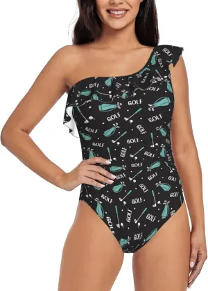 Golf Bags and Balls Print Women's One Piece Bathing Suit Asymmetric One Shoulder Swimsuits Ruffled Slimming Swimwear