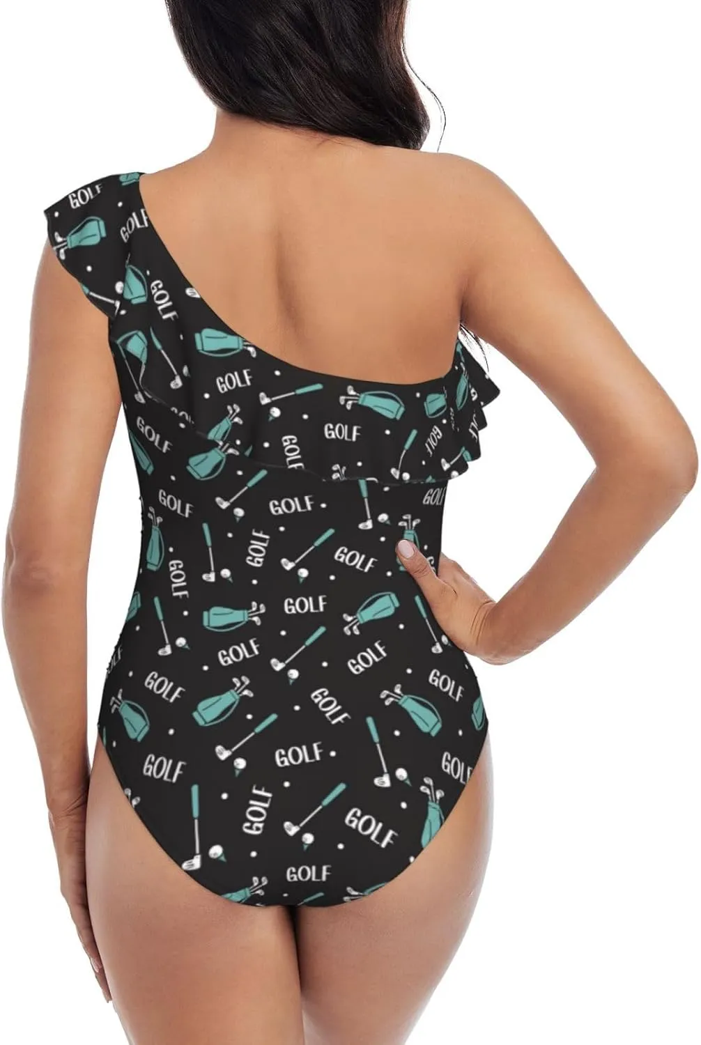 Golf Bags and Balls Print Women's One Piece Bathing Suit Asymmetric One Shoulder Swimsuits Ruffled Slimming Swimwear