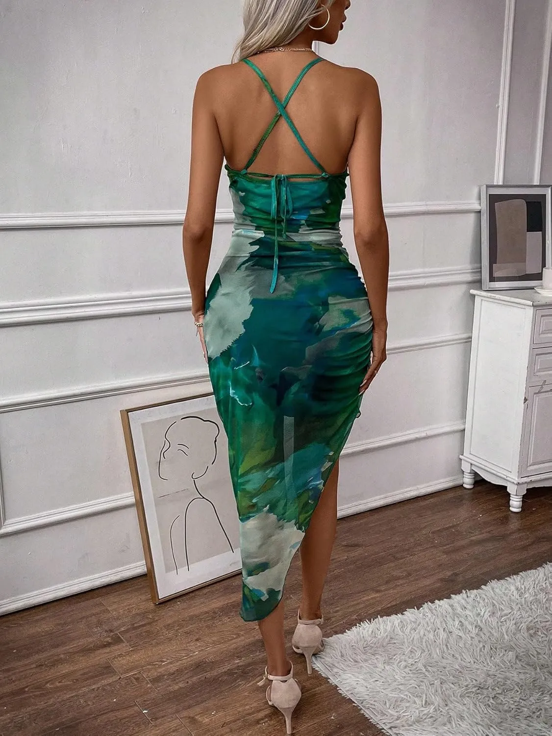 GORGLITTER Women's Mesh Ruched Bodycon Birthday Midi Dress Tie Dye Asymmetrical Party Going Out Wedding Guest Dresses