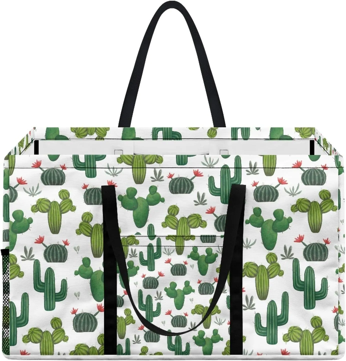 GOSTONG Extra Large Utility Tote Bag Foldable Reusable Grocery Bags Collapsible Tote with Handles & One Mesh Pocket Stand Up Large Utility Portable Laundry Basket-Cactus