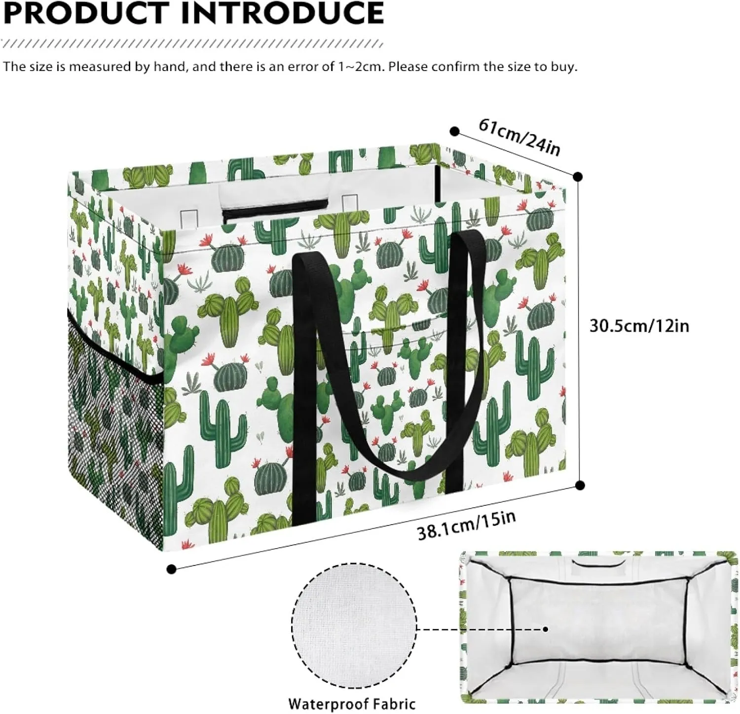 GOSTONG Extra Large Utility Tote Bag Foldable Reusable Grocery Bags Collapsible Tote with Handles & One Mesh Pocket Stand Up Large Utility Portable Laundry Basket-Cactus