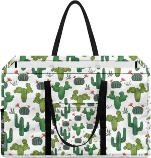 GOSTONG Extra Large Utility Tote Bag Foldable Reusable Grocery Bags Collapsible Tote with Handles & One Mesh Pocket Stand Up Large Utility Portable Laundry Basket-Cactus
