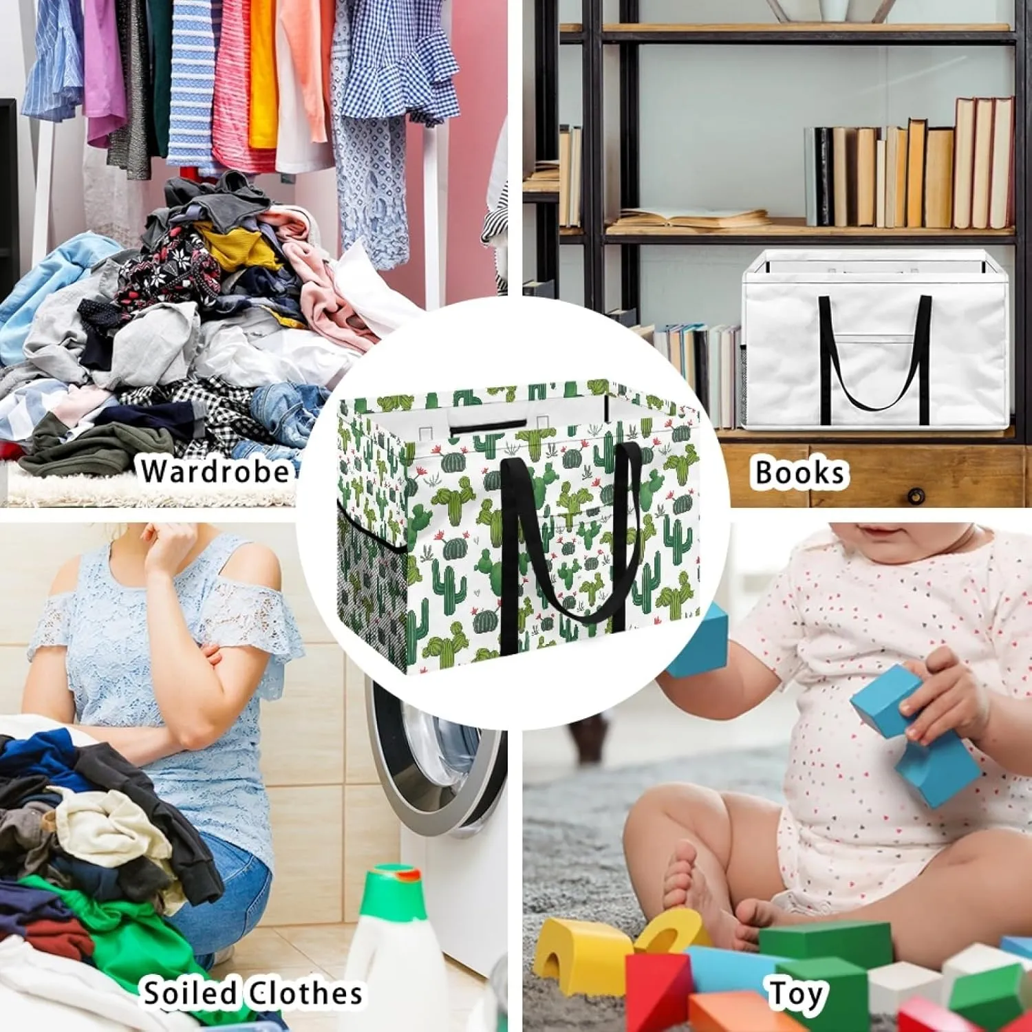 GOSTONG Extra Large Utility Tote Bag Foldable Reusable Grocery Bags Collapsible Tote with Handles & One Mesh Pocket Stand Up Large Utility Portable Laundry Basket-Cactus