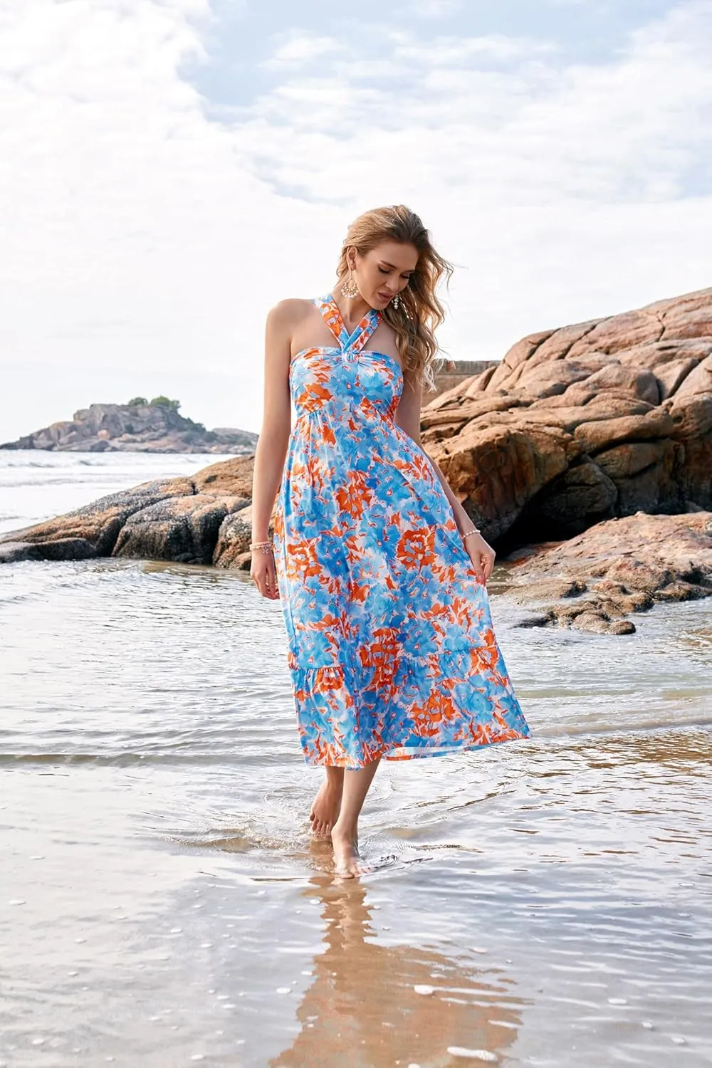 GRACE KARIN 2025 Women's Criss Cross Halterneck Sleeveless Summer Floral Print Flowy A Line Maxi Dress
