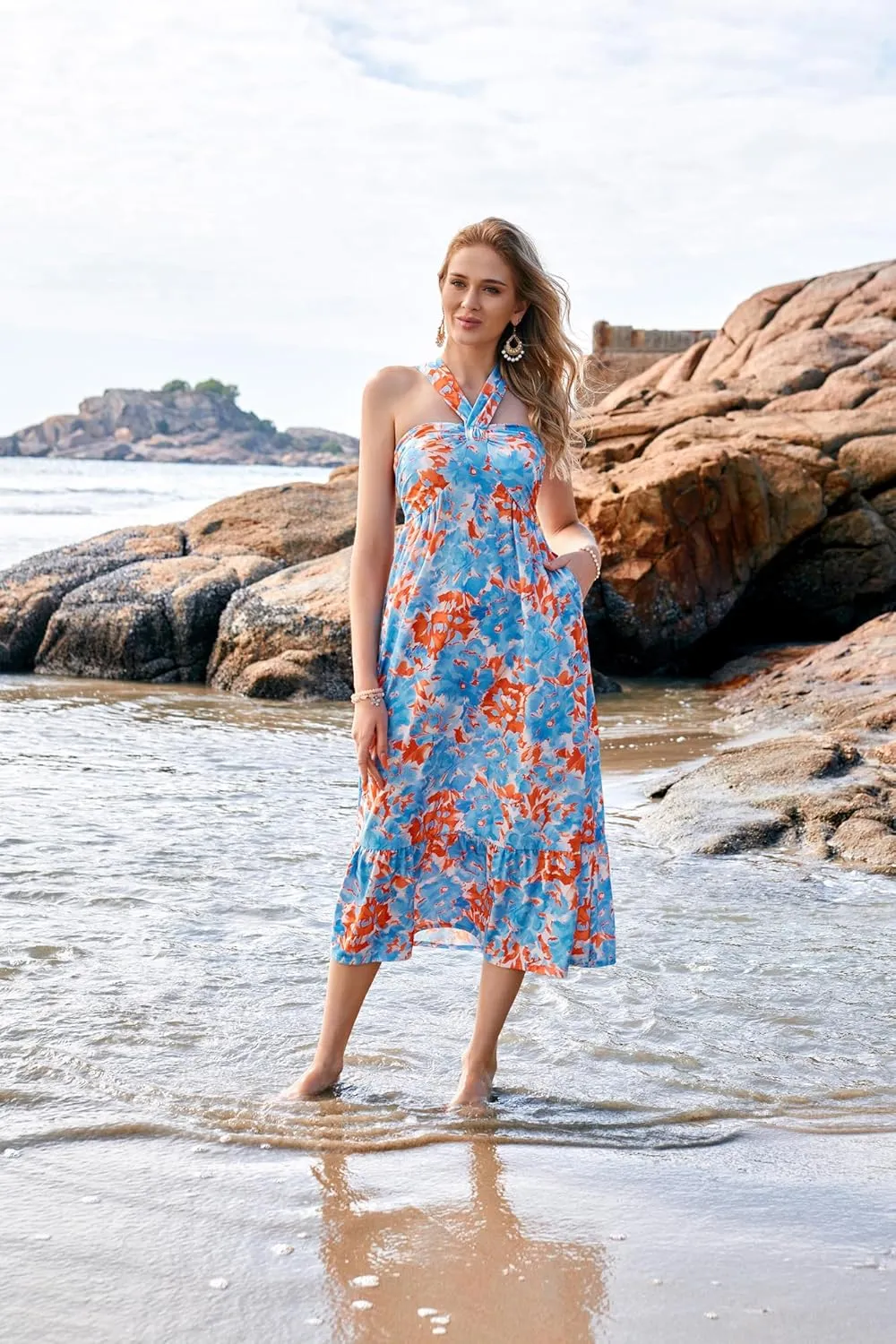 GRACE KARIN 2025 Women's Criss Cross Halterneck Sleeveless Summer Floral Print Flowy A Line Maxi Dress