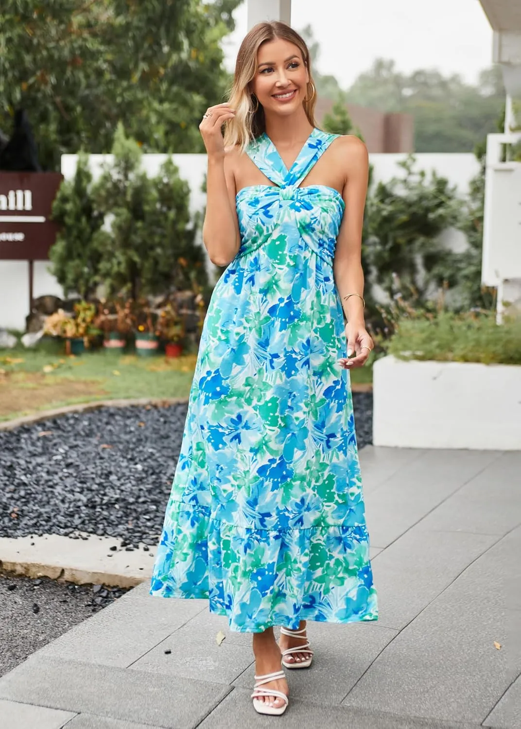 GRACE KARIN 2025 Women's Criss Cross Halterneck Sleeveless Summer Floral Print Flowy A Line Maxi Dress