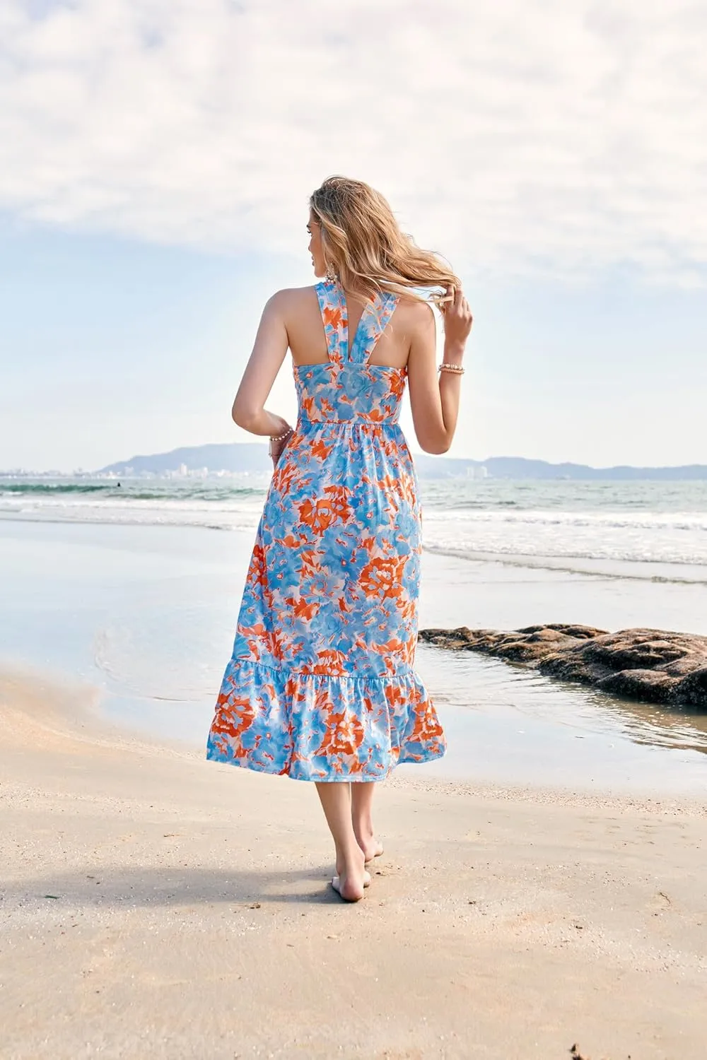 GRACE KARIN 2025 Women's Criss Cross Halterneck Sleeveless Summer Floral Print Flowy A Line Maxi Dress