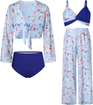 GRACE KARIN Teen Girls Bathing Suits Kids 4 Piece Long Sleeve Swimsuit Kimono Up Pants Bikini Tankini Set Swimwear