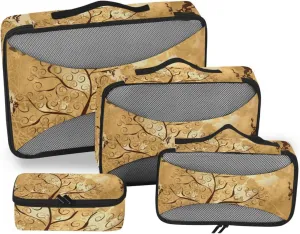 Grunge Background with a Gold Tree with Butterflies 4 PCs Set Packing Bags, Luggage Organizer Bag, Portable Cube Toiletry bag, Durable Travel Cosmetic Storage Bag for Men Women