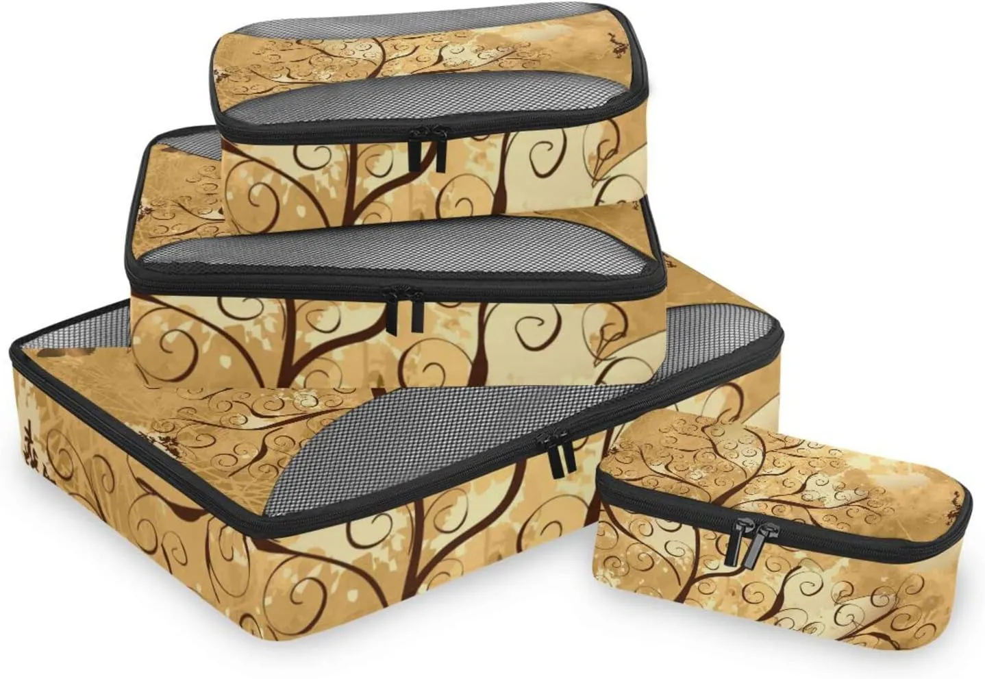 Grunge Background with a Gold Tree with Butterflies 4 PCs Set Packing Bags, Luggage Organizer Bag, Portable Cube Toiletry bag, Durable Travel Cosmetic Storage Bag for Men Women