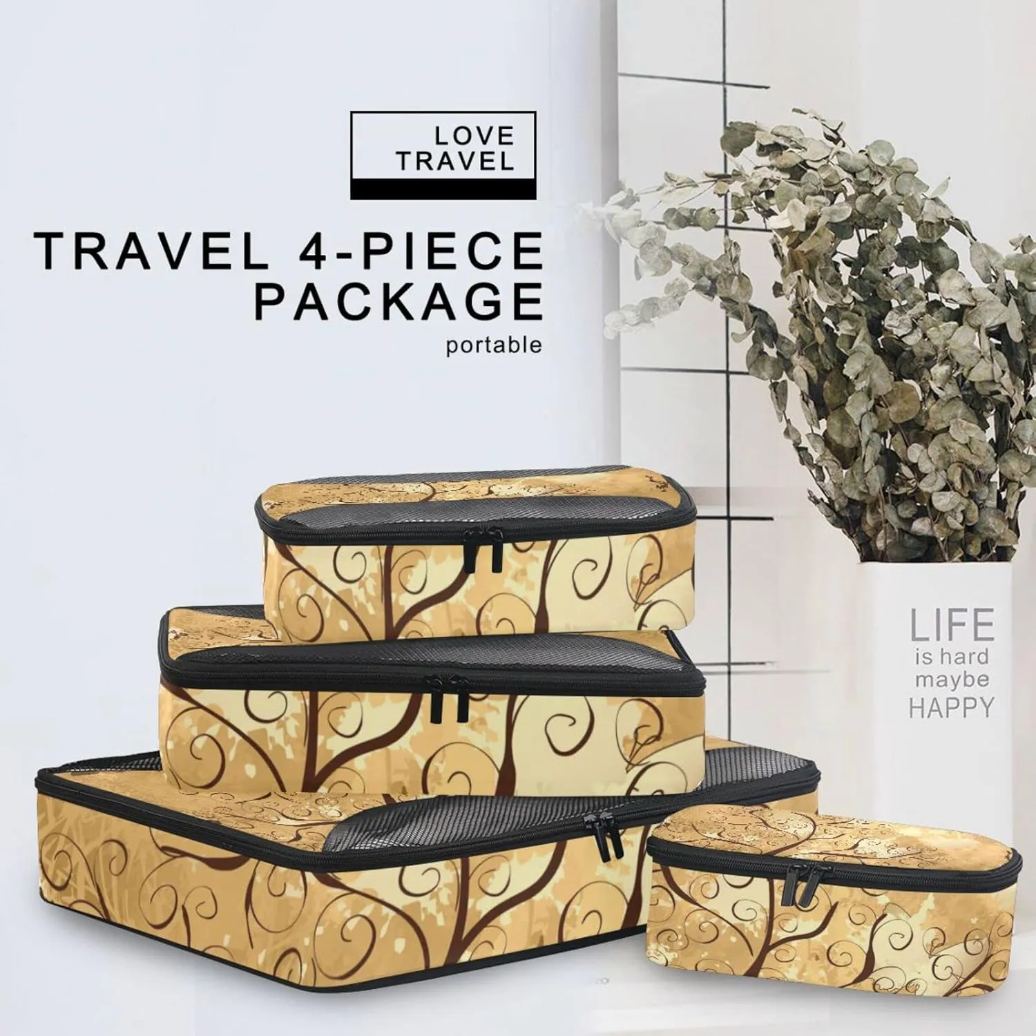 Grunge Background with a Gold Tree with Butterflies 4 PCs Set Packing Bags, Luggage Organizer Bag, Portable Cube Toiletry bag, Durable Travel Cosmetic Storage Bag for Men Women