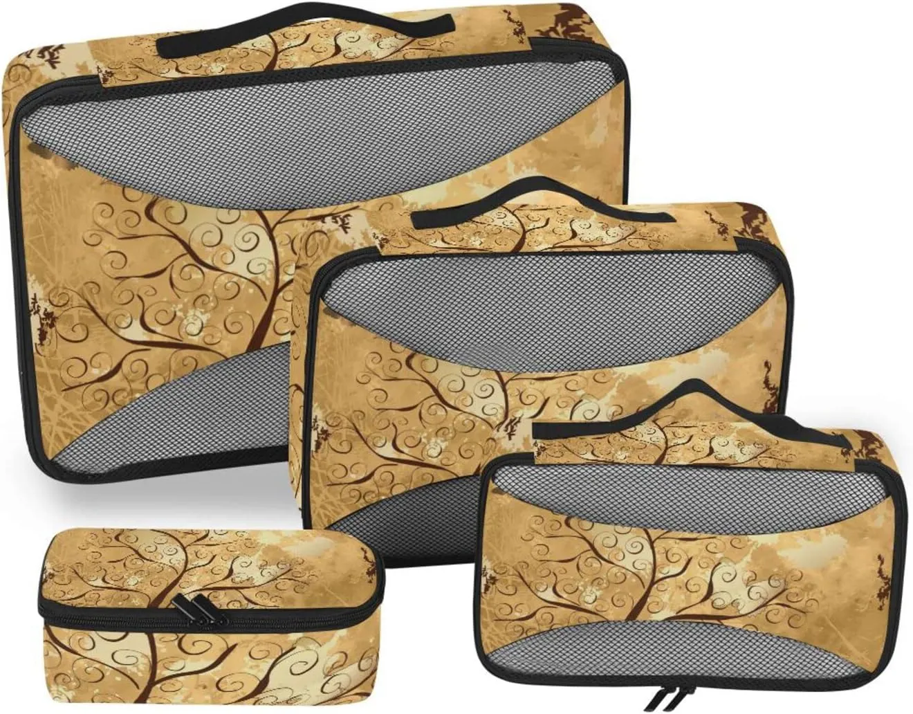 Grunge Background with a Gold Tree with Butterflies 4 PCs Set Packing Bags, Luggage Organizer Bag, Portable Cube Toiletry bag, Durable Travel Cosmetic Storage Bag for Men Women