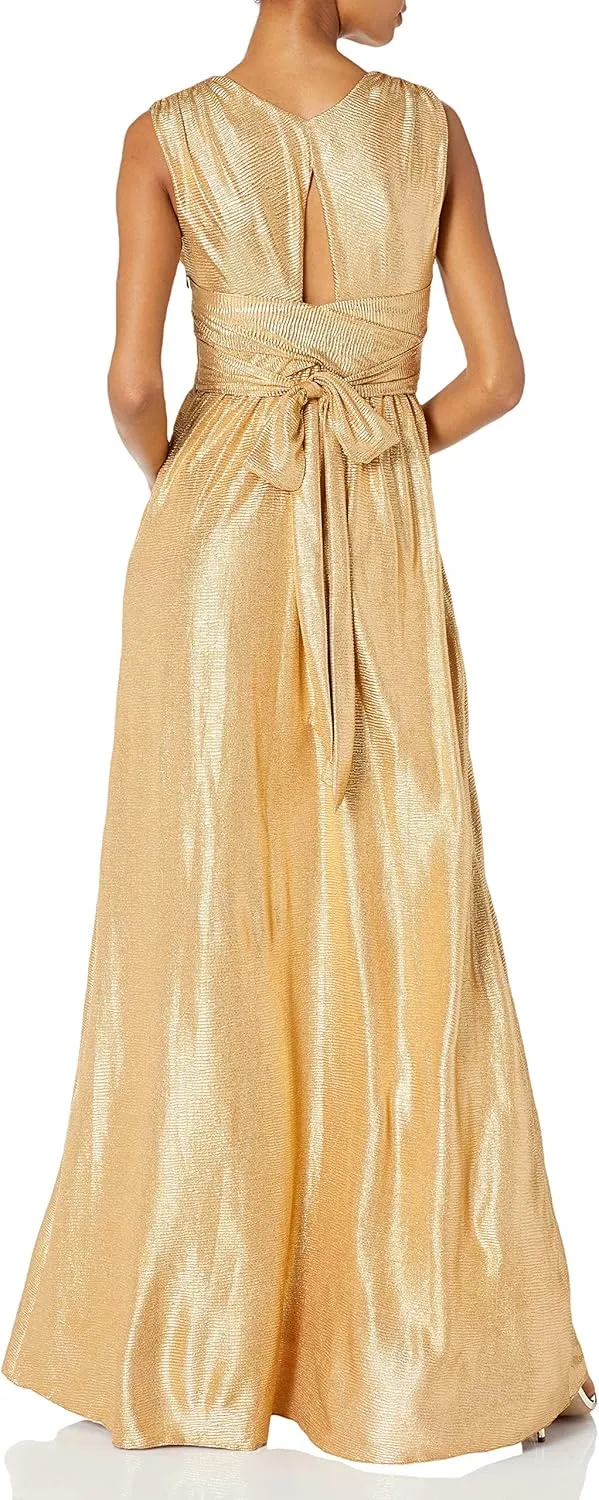 HALSTON Women's Sleeveless V Neck Jersey Gown with Wrap Tie & Front Slit