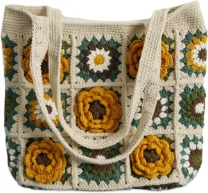 Handmade Crochet Boho Shoulder Bag with Textured Floral Design & Zipper Closure - Cotton Lined Tote Purse for Women, Girls, Beach, Vacation, Photo Shoots, Parties