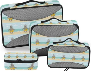 Happy Cute Sloth on Ocean Beach with Yellow Duck Inflatable Circle 4 PCs Set Packing Bags, Luggage Organizer Bag, Portable Cube Toiletry bag, Durable Travel Cosmetic Storage Bag for Men Women