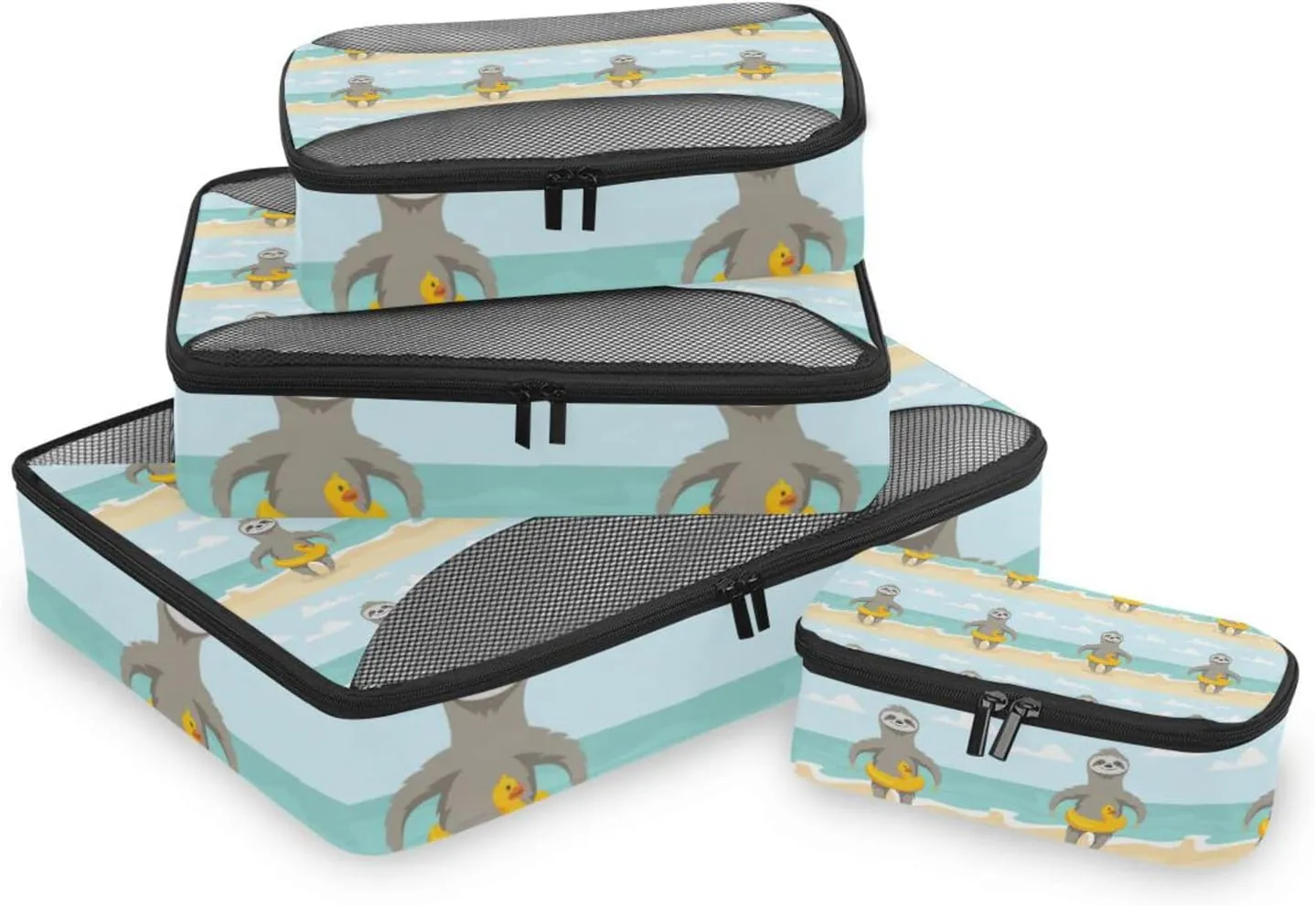 Happy Cute Sloth on Ocean Beach with Yellow Duck Inflatable Circle 4 PCs Set Packing Bags, Luggage Organizer Bag, Portable Cube Toiletry bag, Durable Travel Cosmetic Storage Bag for Men Women