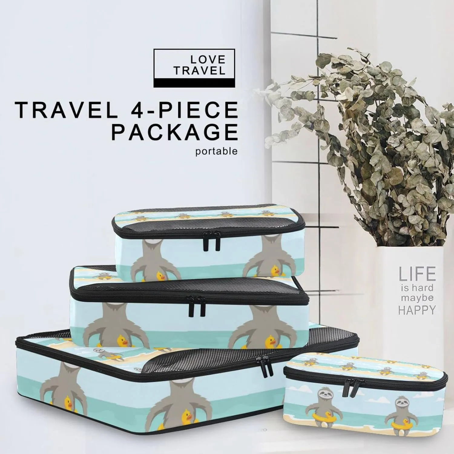Happy Cute Sloth on Ocean Beach with Yellow Duck Inflatable Circle 4 PCs Set Packing Bags, Luggage Organizer Bag, Portable Cube Toiletry bag, Durable Travel Cosmetic Storage Bag for Men Women