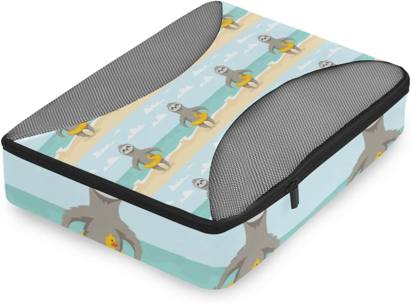 Happy Cute Sloth on Ocean Beach with Yellow Duck Inflatable Circle 4 PCs Set Packing Bags, Luggage Organizer Bag, Portable Cube Toiletry bag, Durable Travel Cosmetic Storage Bag for Men Women