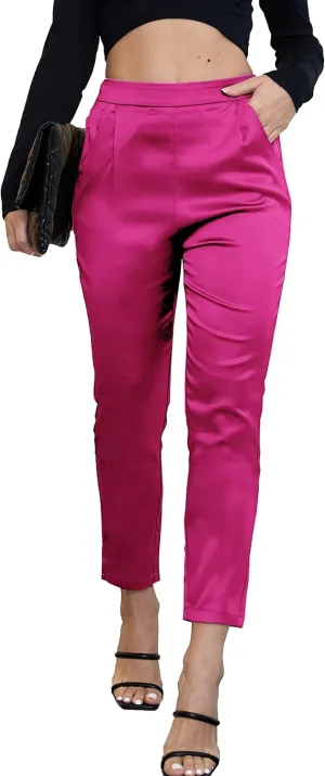 heipeiwa Women's Satin Pants Dress Casual Pleated Pull on High Waist Pants with Pockets